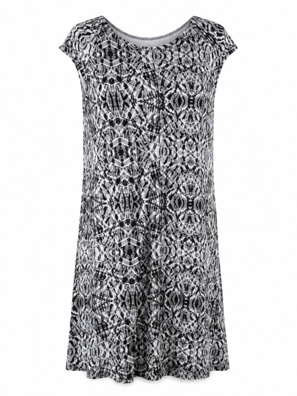 Sundays M black/white geometric short sleeve crew neck A line stretch dress